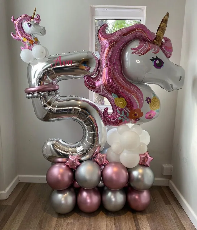 Unicorn balloon stand with number balloon