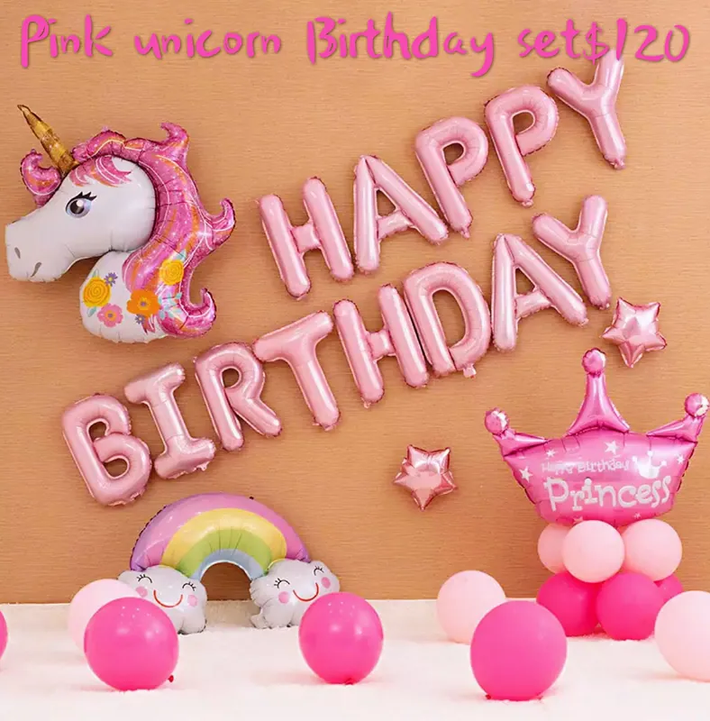 Pink unicorn happy birthday set