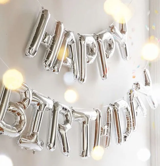 美版Happy birthday可懸掛銀色字樣鋁箔氣球