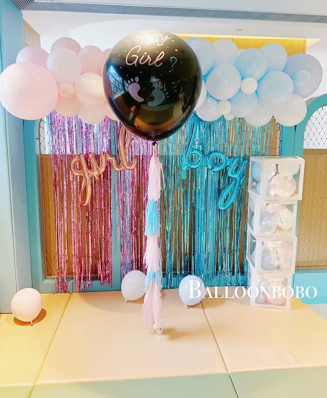 On-site decoration for a gender reveal party (gender reveal decorations)